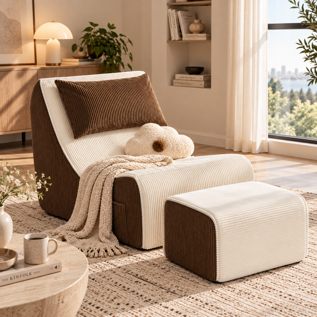 Cream and brown two-tone lounge chair and ottoman with brown back pillow, cream flower cushion, and knitted throw beside a window by HavvakHome.