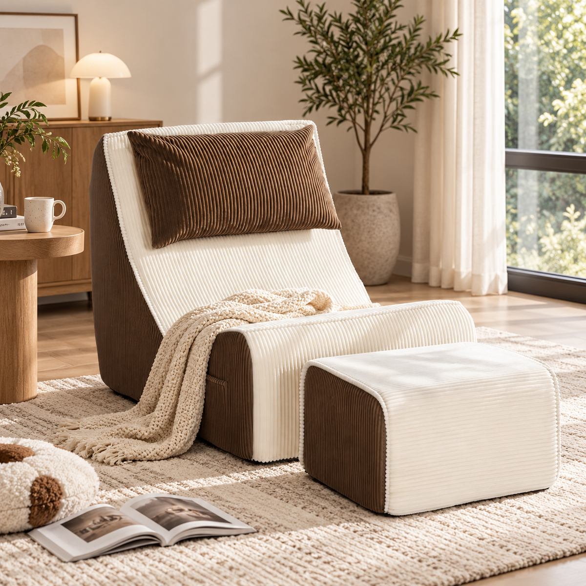 Cream and brown two-tone corduroy armless lounge chair with matching ottoman, brown pillow, and cream knit throw beside a window by HavvakHome.