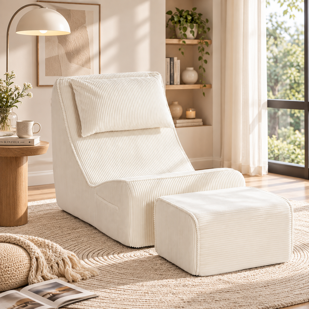 Cream corduroy armless lounge chair with cream pillow and matching ottoman set beside a window and floor lamp by HavvakHome.