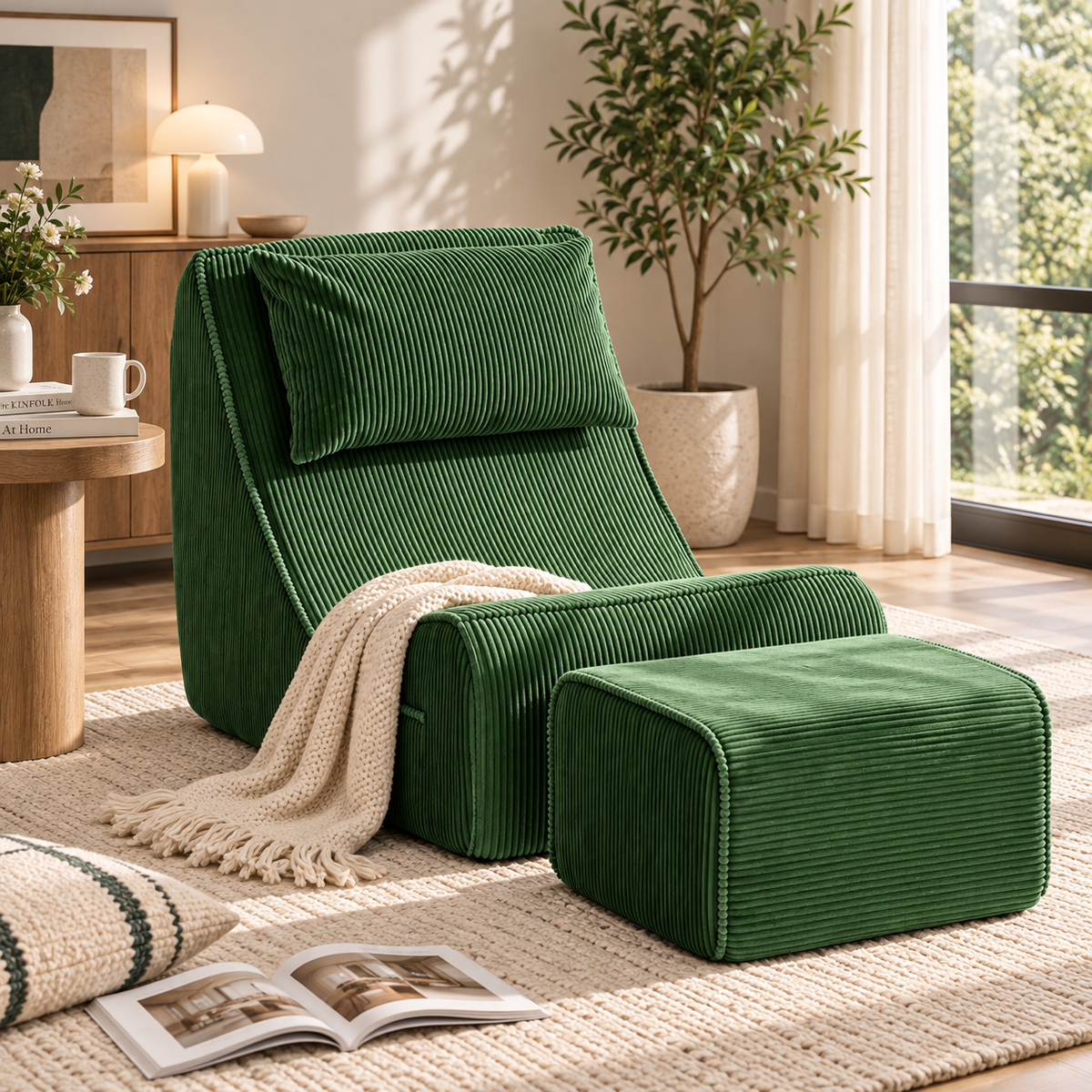 Green corduroy lounge chair with matching pillow, ottoman, and cream throw on a rug beside a window by HavvakHome.