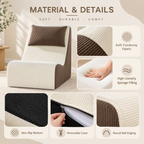 Material and details collage of cream and brown chair showing corduroy fabric, hand pressing foam, non-slip dotted bottom, zippered cover, and rounded piping by HavvakHome.