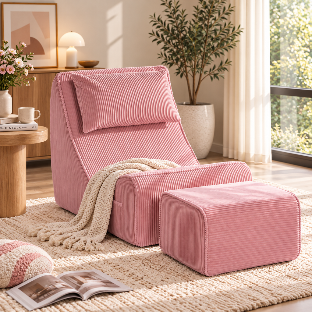 Pink corduroy lounge chair with matching pillow, ottoman, and cream throw beside a wooden side table by HavvakHome.