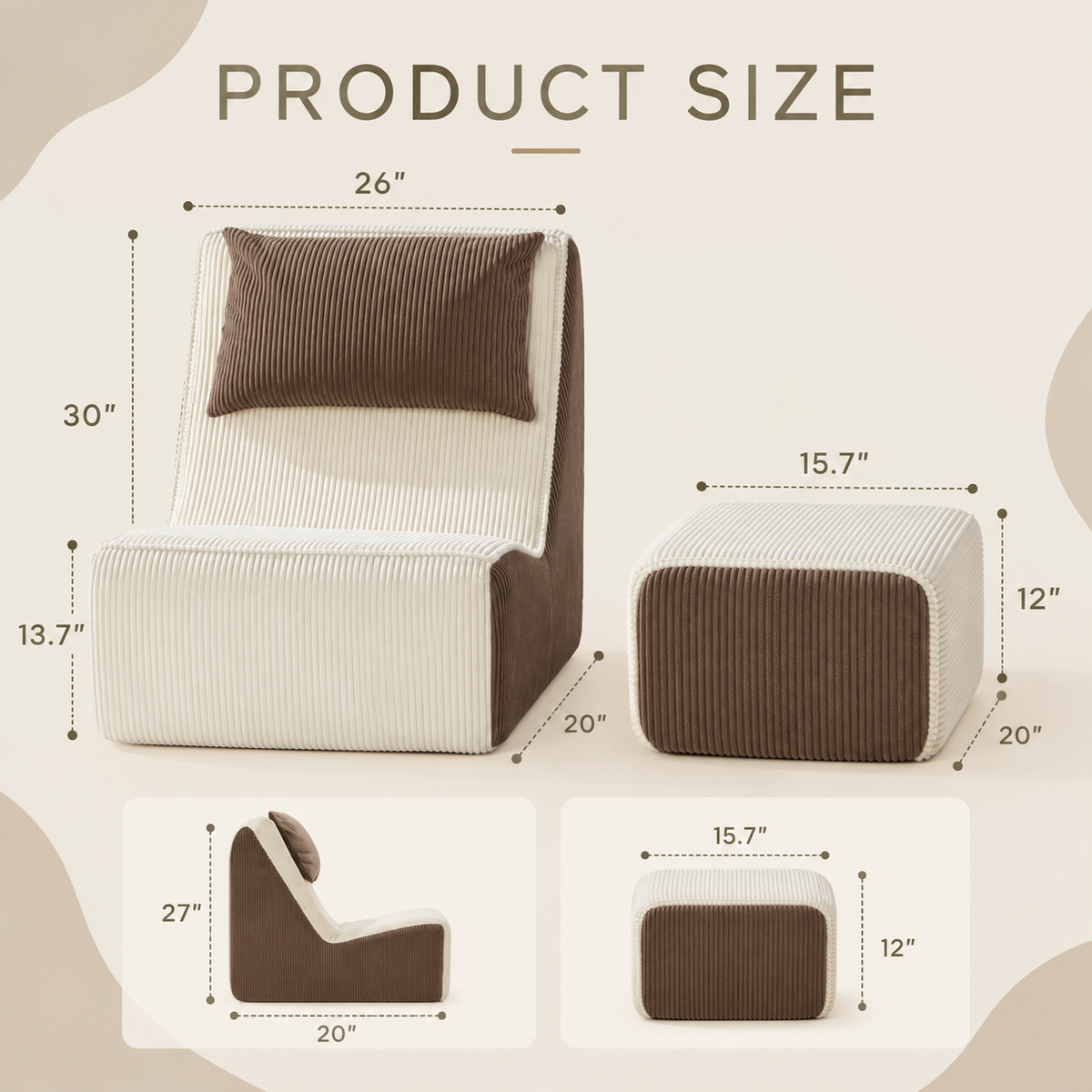 Product size diagram of cream and brown corduroy chair and ottoman showing front and side views with measurement arrows by HavvakHome.