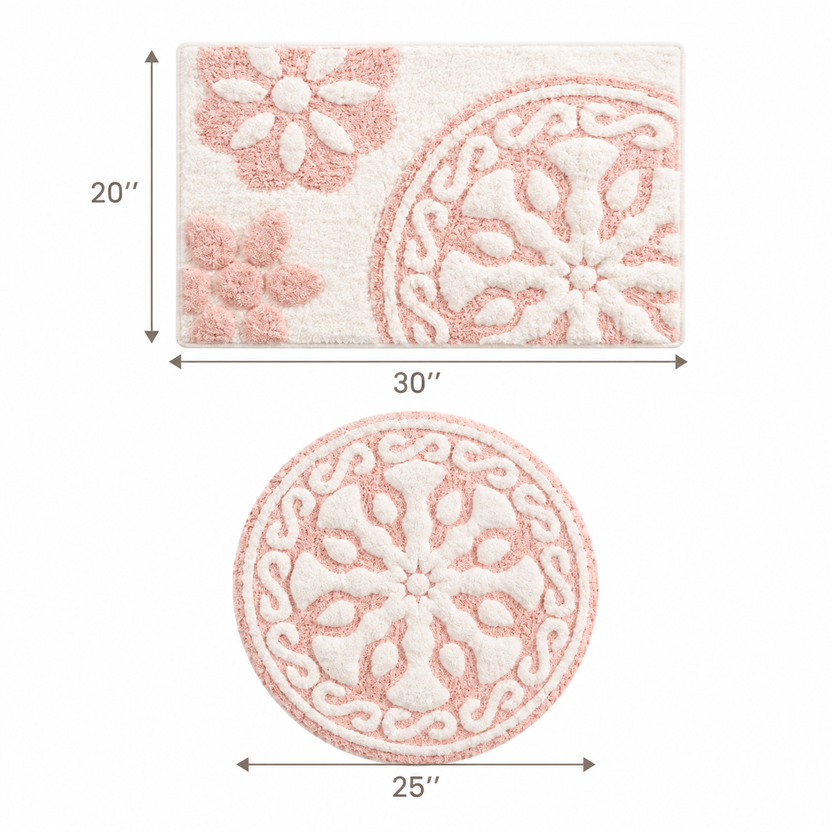 White background size chart for HavvakHome pink and ivory floral bath rugs showing rectangular 20 by 30 inches and round 25-inch diameter options.