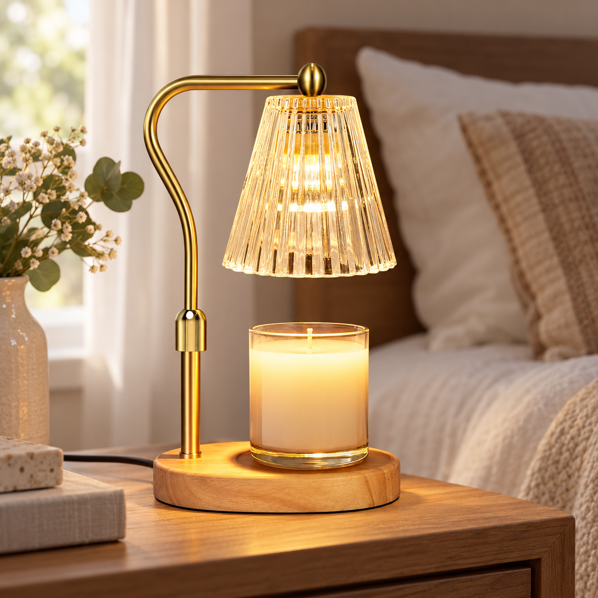 Amber variant HavvakHome vintage electric candle warmer lamp with timer and dimmer captured from a side angle in a bedroom setting.
