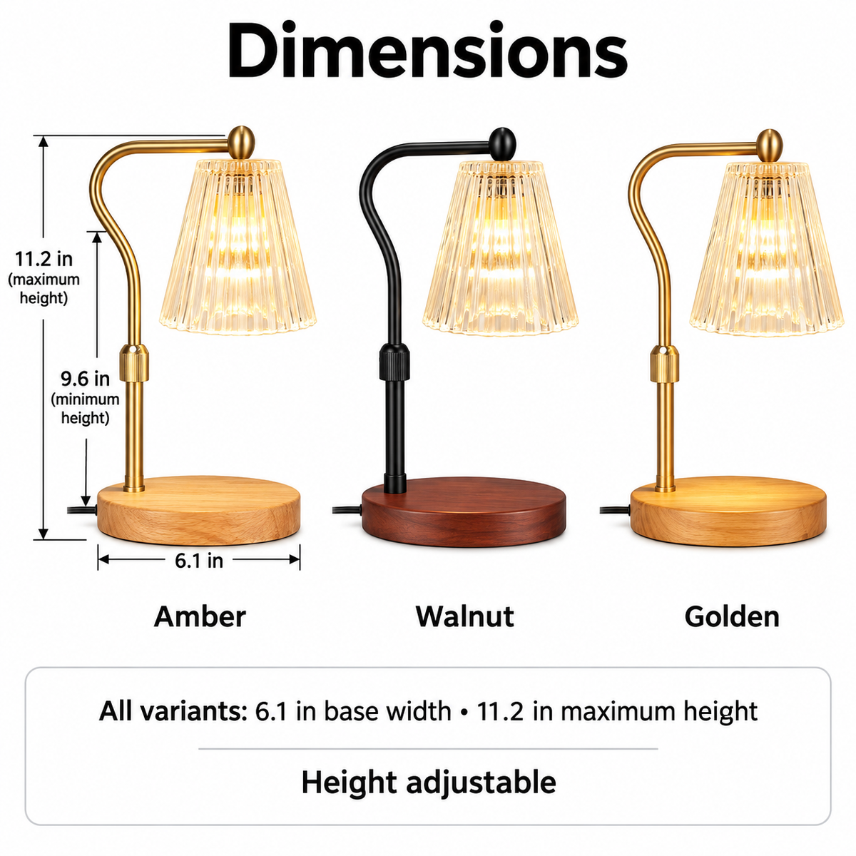 White background dimensions chart for HavvakHome vintage electric candle warmer lamp with timer and dimmer featuring Amber, Walnut, and Golden variants.