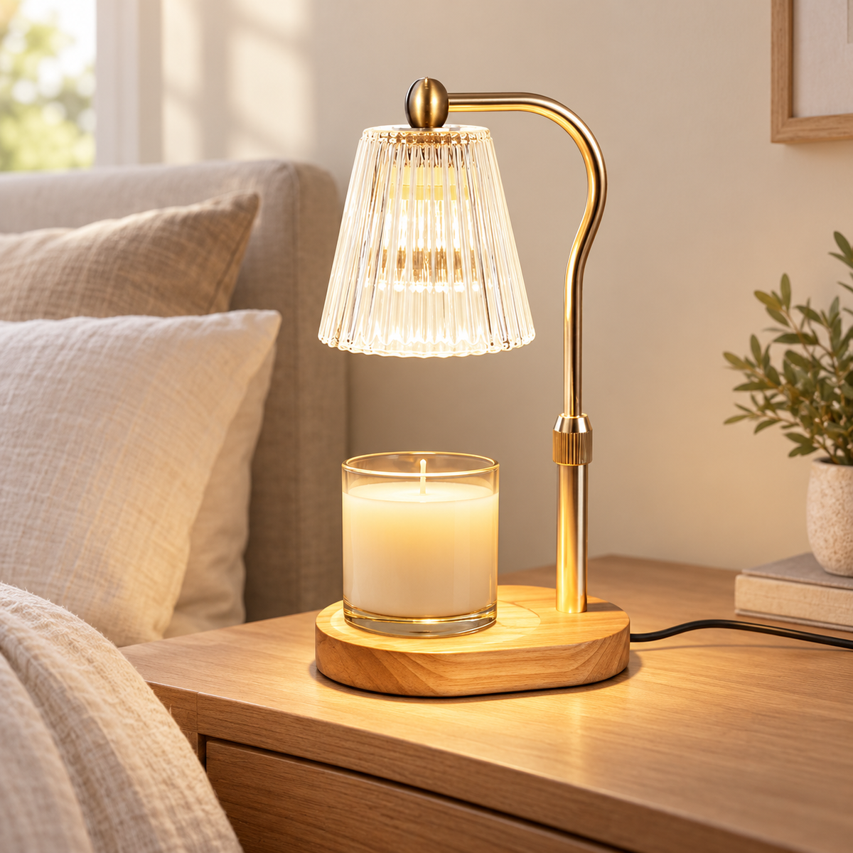 Golden variant HavvakHome vintage electric candle warmer lamp with timer and dimmer shown from a side angle in a cozy bedroom atmosphere.
