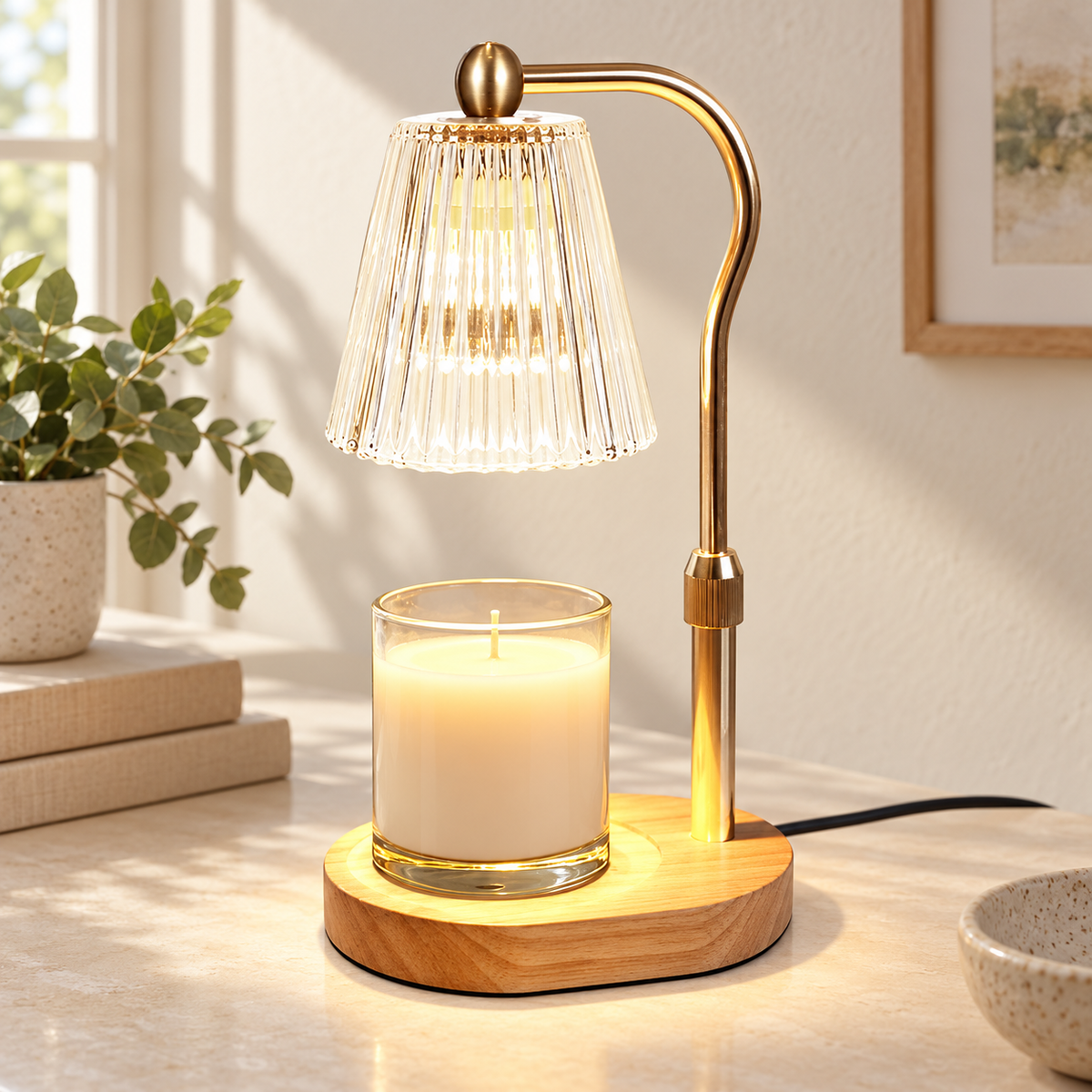 HavvakHome vintage electric candle warmer lamp with timer and dimmer in golden variant viewed from a front three-quarter perspective on a neutral tabletop.