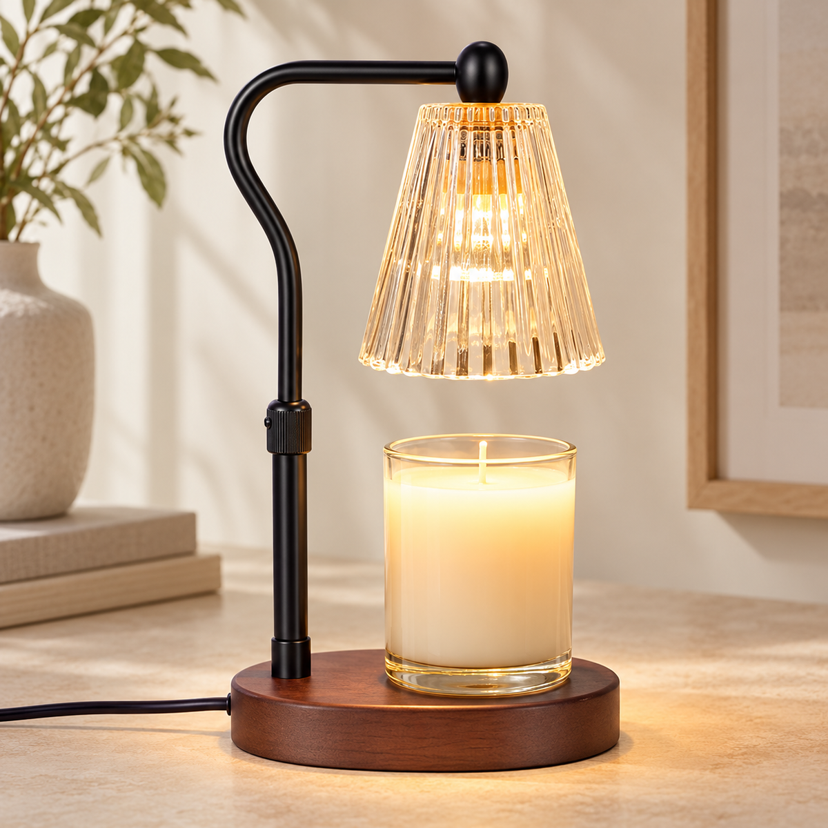 HavvakHome vintage electric candle warmer lamp with timer and dimmer in walnut variant displayed from a front three-quarter view on a neutral tabletop.
