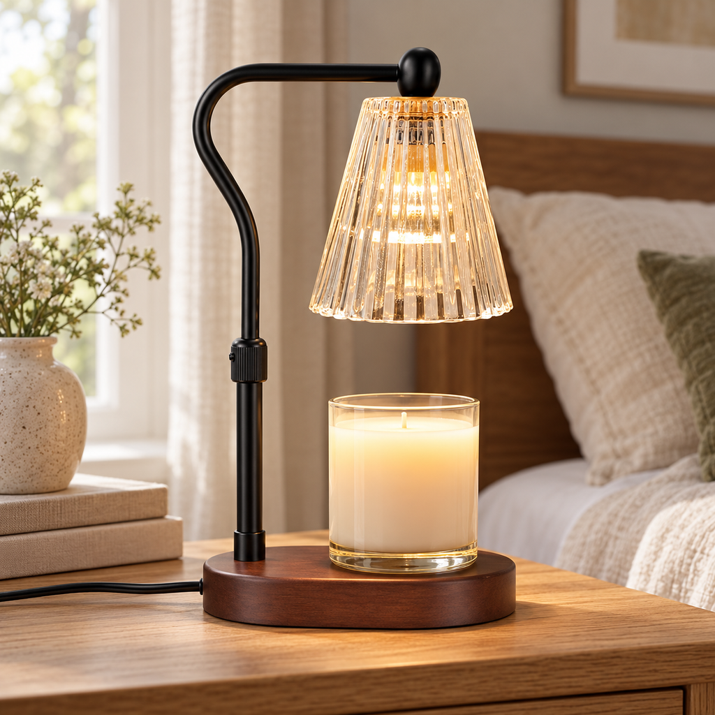 Walnut variant HavvakHome vintage electric candle warmer lamp with timer and dimmer positioned at a side angle on a bedroom nightstand.
