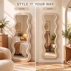 Cream wavy flannel-wrapped mirror side-by-side comparison showing leaning on floor and hanging on wall setups.