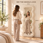 Cream wavy flannel-wrapped mirror with a woman checking her reflection, displaying dimensions of 63 inches tall by 24 inches wide.