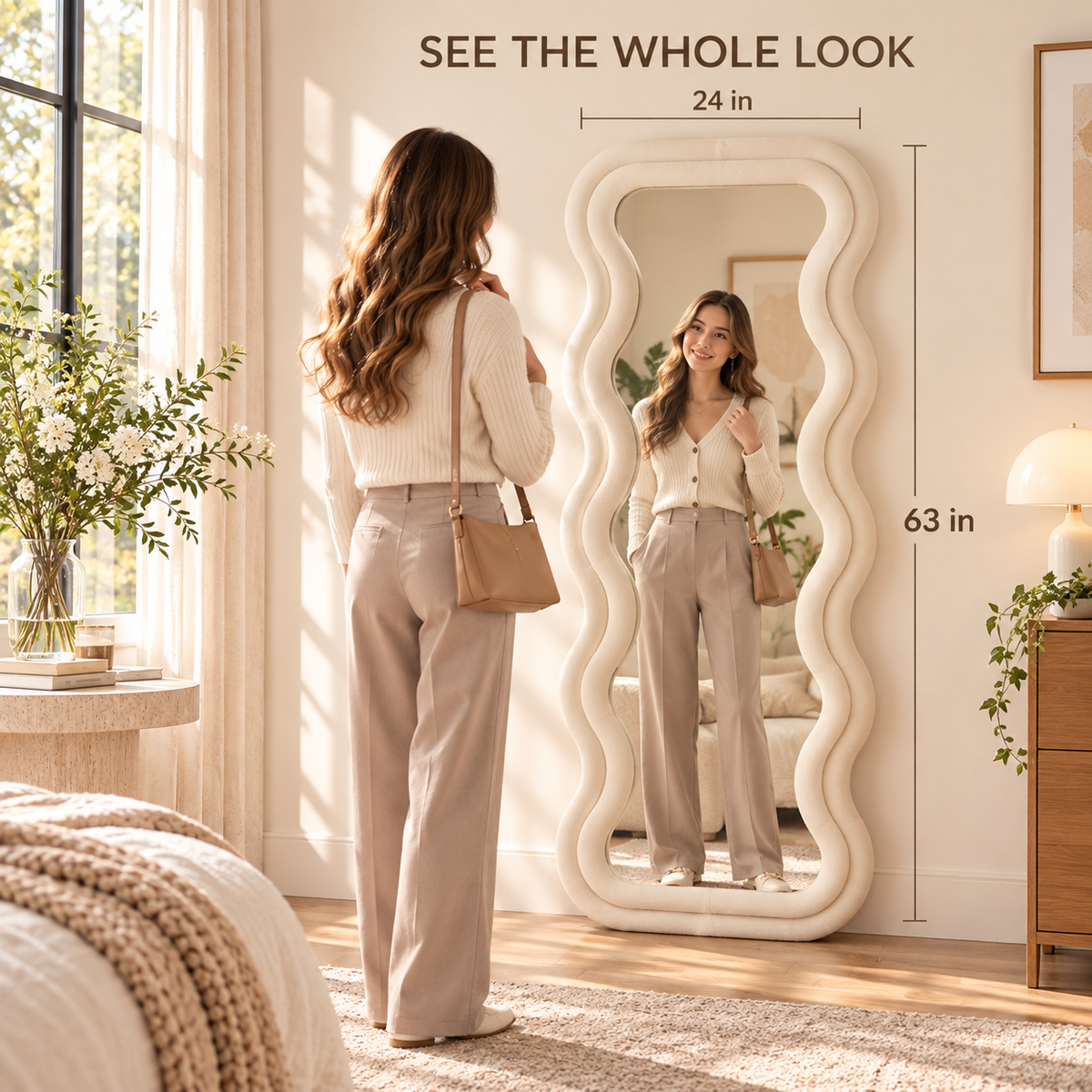Cream wavy flannel-wrapped mirror with a woman checking her reflection, displaying dimensions of 63 inches tall by 24 inches wide.