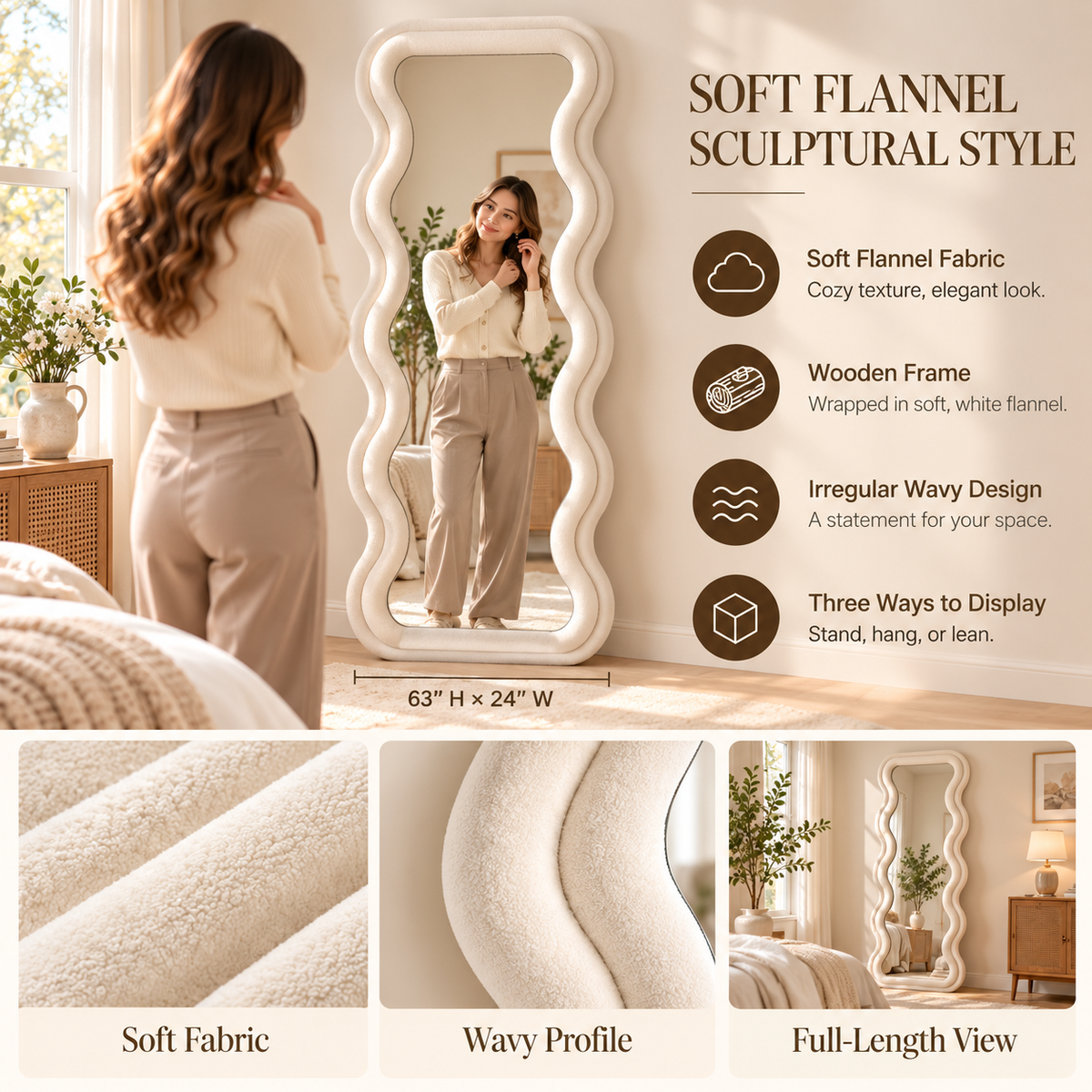 White wavy flannel-wrapped floor mirror feature infographic showing a woman, fabric texture, frame profile, and full-length view close-ups.