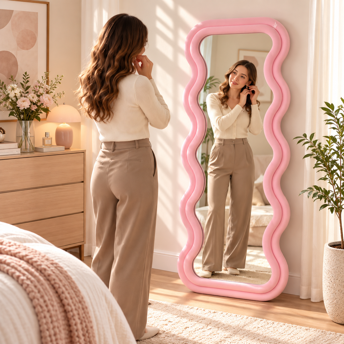 Woman adjusting an earring before a pink wavy flannel-wrapped floor mirror beside a wooden dresser.