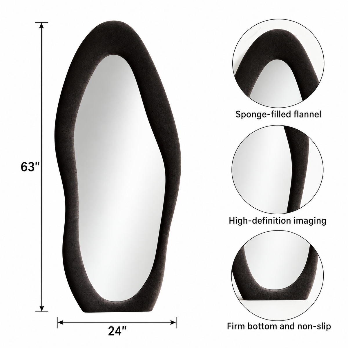 Black wavy flannel-framed mirror dimensions infographic showing 63 by 24 inches, with close-ups of the padded frame, reflective surface, and base.