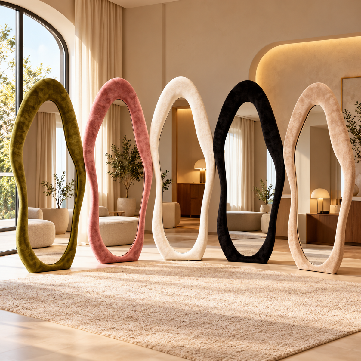 Five wavy flannel-framed mirrors in olive green, pink, cream, black, and beige arranged in a sunny living room.