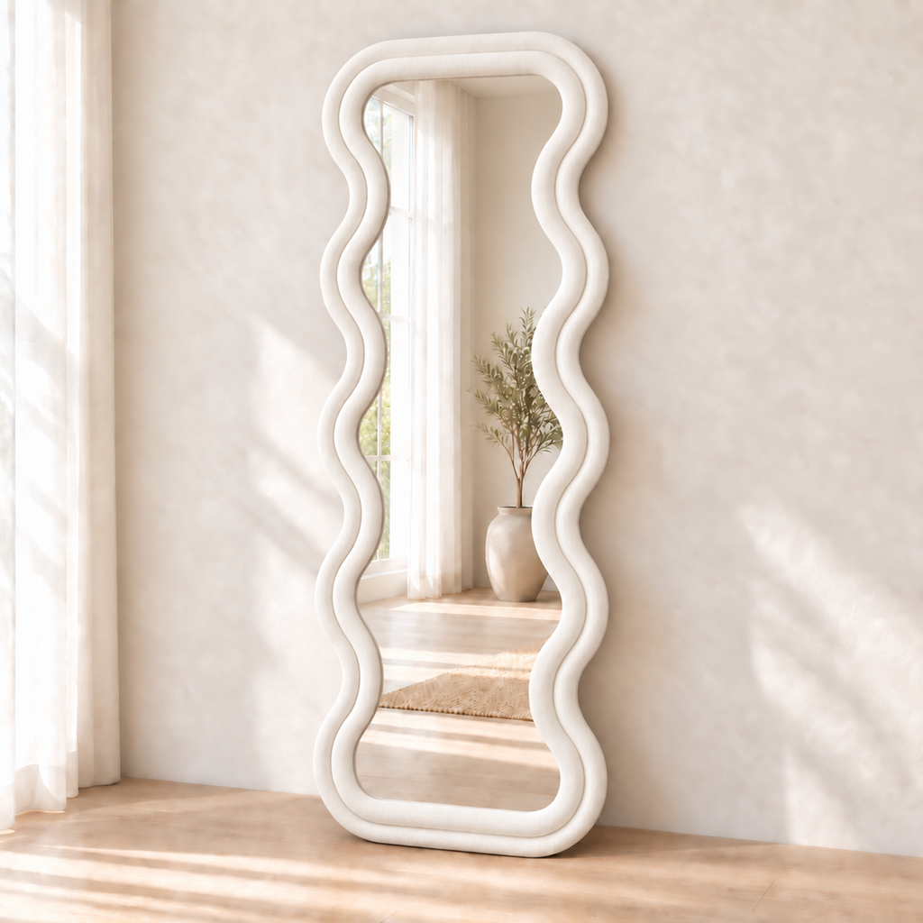 HavvakHome white wavy full-length floor mirror in a modern room setting