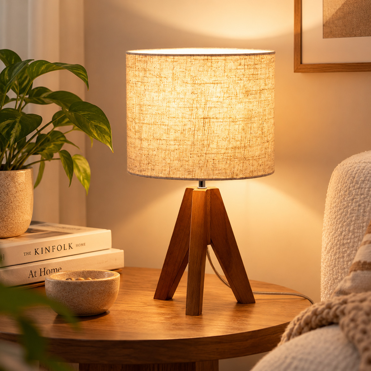 Brown wood tripod small table lamp with warm glowing beige shade on a round wood side table beside a cream armchair, books, and a plant by HavvakHome.