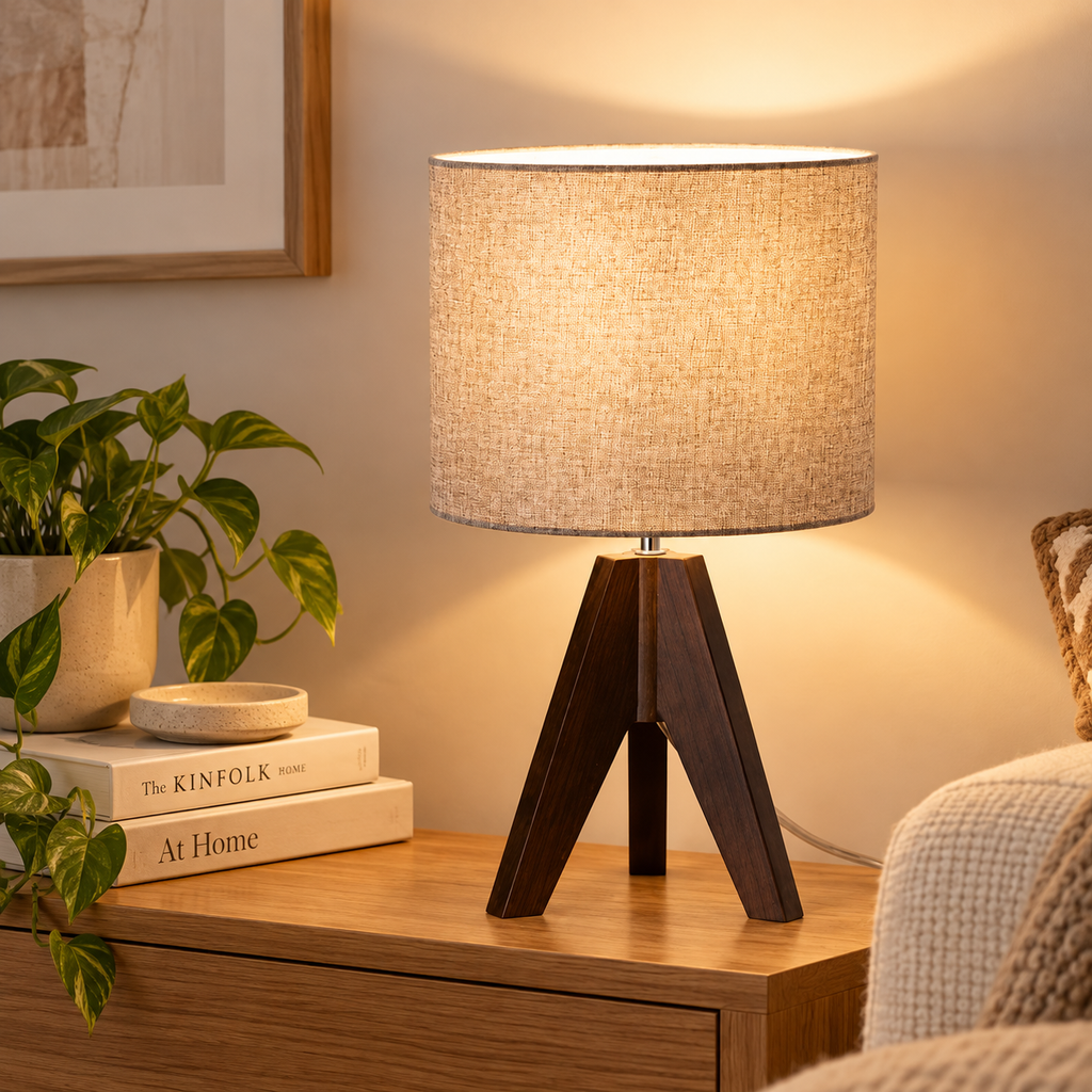 Dark brown wooden tripod small table lamp with warm glowing beige cylindrical shade on a wood side table beside an armchair, books, and a leafy plant by HavvakHome.