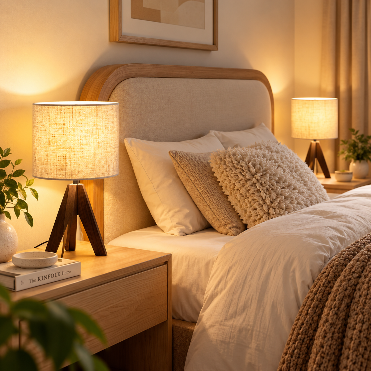 Two dark wood tripod table lamps with glowing beige cylindrical shades on matching nightstands on either side of an upholstered bed by HavvakHome.