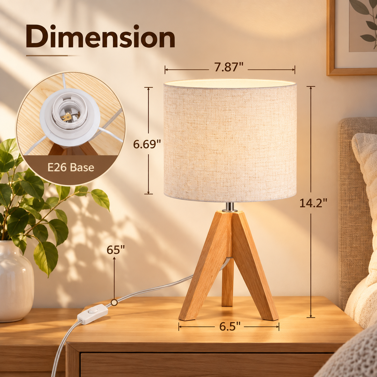 Natural wood tripod small table lamp dimension infographic showing beige shade dimensions, overall height, base width, cord switch, and E26 socket inset by HavvakHome.