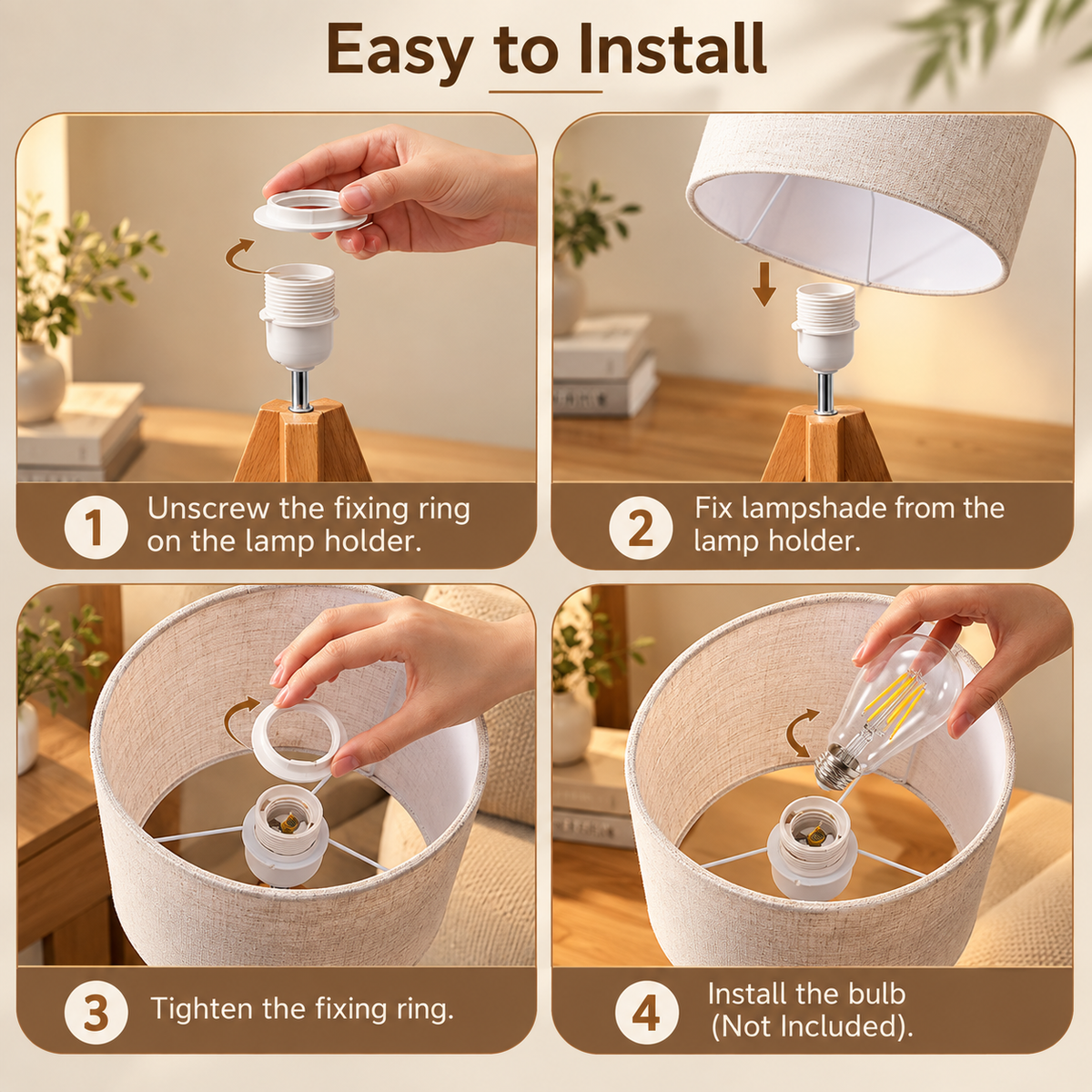 Four-step small tripod table lamp installation guide showing hands removing the fixing ring, placing the beige shade, tightening the ring, and inserting the bulb by HavvakHome.