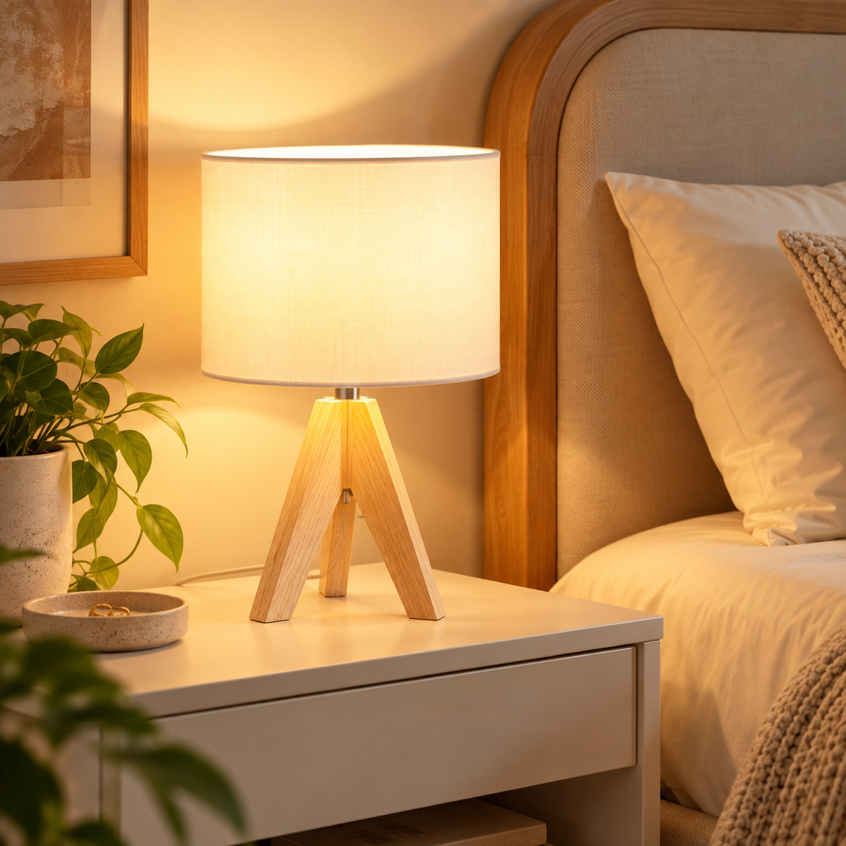Natural light wood tripod table lamp with warm illuminated cream shade on a white nightstand beside an upholstered bed and leafy plant by HavvakHome.