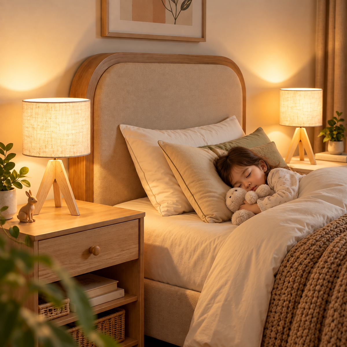 Two natural light wood tripod table lamps glowing on nightstands on either side of a bed with a sleeping child holding plush toys by HavvakHome.