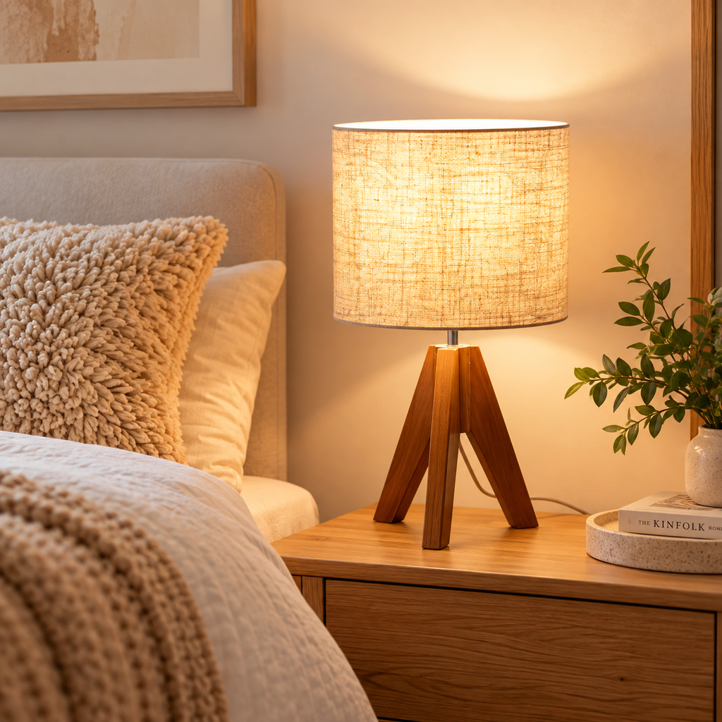 Wooden tripod small table lamp with warm illuminated beige cylindrical shade on a wood nightstand beside an upholstered bed and plant by HavvakHome.